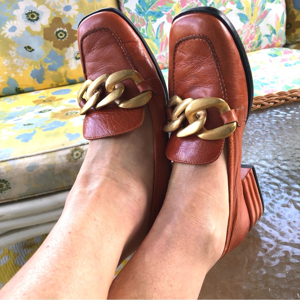 Saint G Emanuelle Leather Loafers Cognac Gold Chain EU 37 (6.5–7) Block Heel